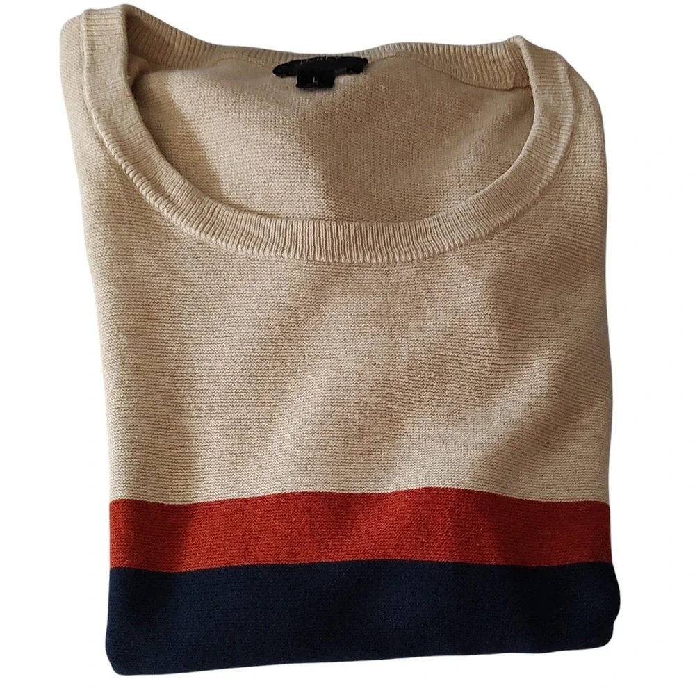 J Crew Cotton Striped Sweater Neutral Rust Navy Stripe Crew Neck Mens Size Large